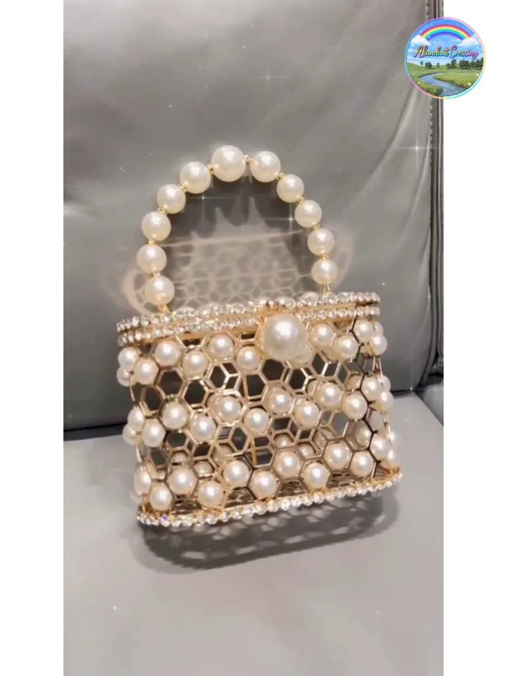 Sparkly Rhinestone Clutch with Pearl Handle, Detachable Chain, Velvet Lining,